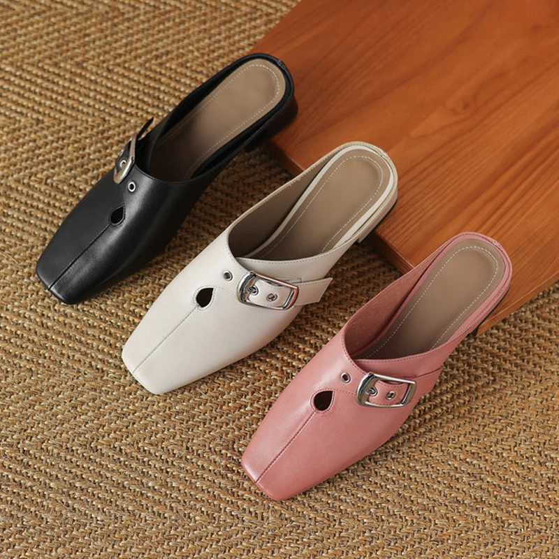 百搭鞋子3cm真皮爆款轻奢凉拖鞋子中跟粗跟方头包头外穿半拖鞋女