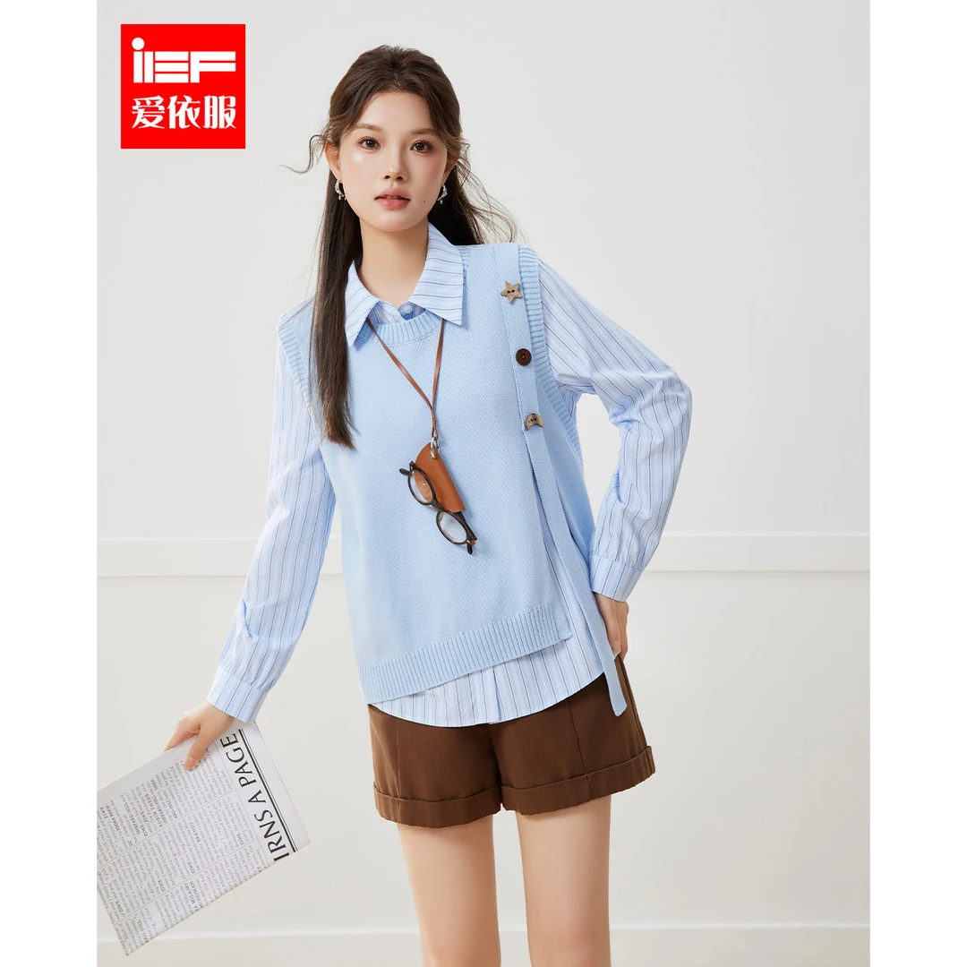 IEF/爱依服2025春季新款韩版通勤休闲风毛织背心衬衫两件套上衣