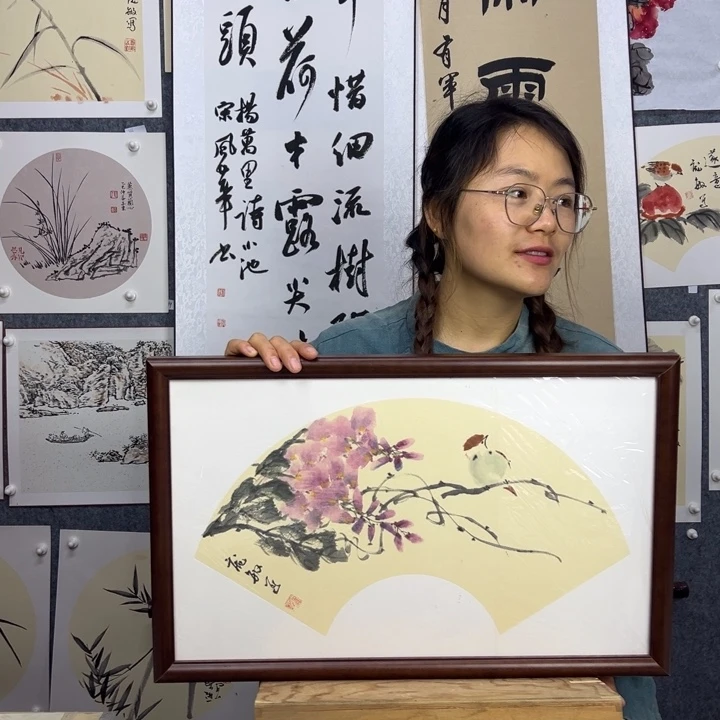 丙烯画手绘带框紫藤花