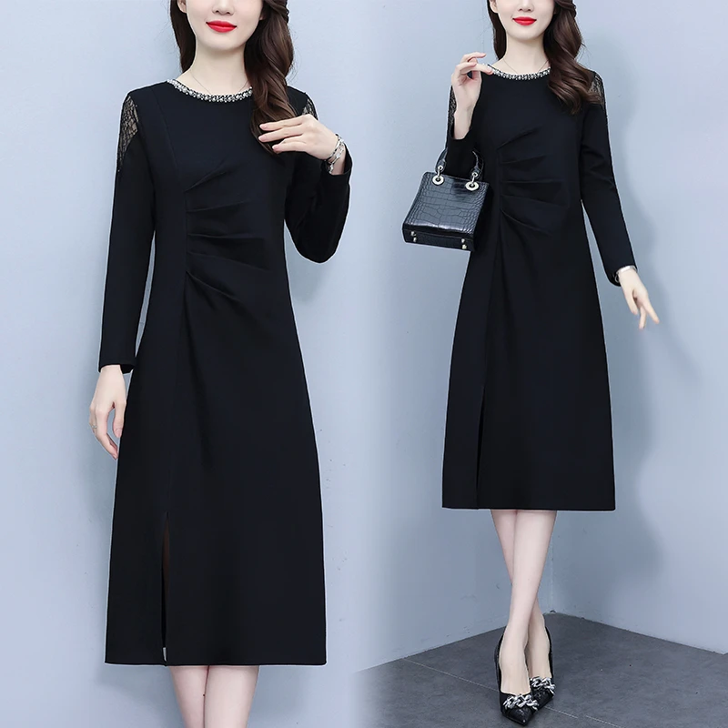 已出货 2024秋季新款长袖蕾丝拼接气质显瘦黑色大码过膝连衣裙