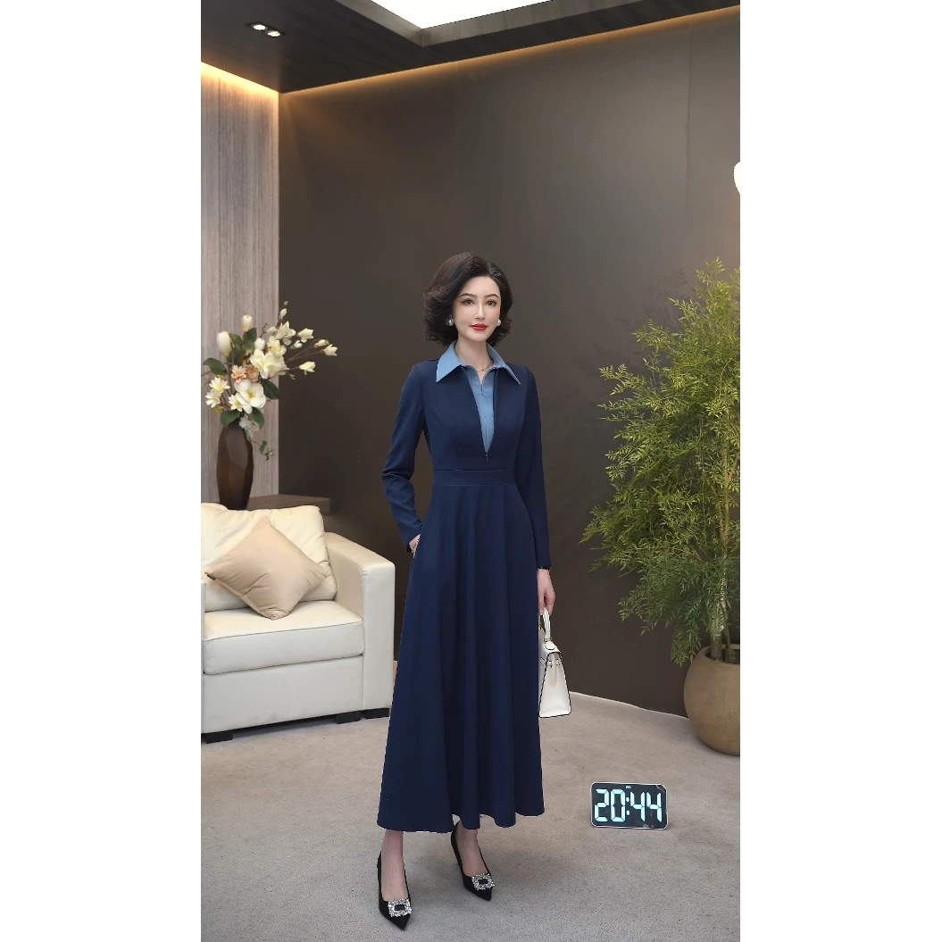2025新款藏蓝精仿斜纹免烫TR衬衣领设计师款假两件连衣裙WF3170