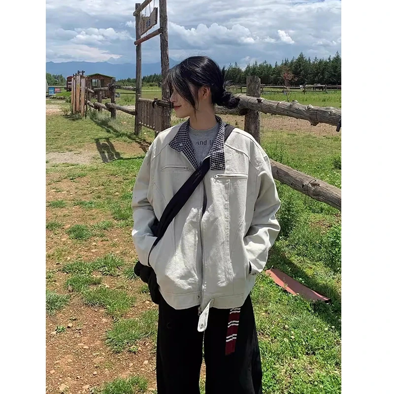 杏色美式短款外套男秋季设计感拼接哈灵顿工装夹克帆布潮牌棒球服