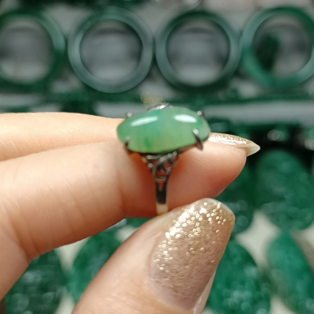 独山玉戒指银S925镀金镶嵌