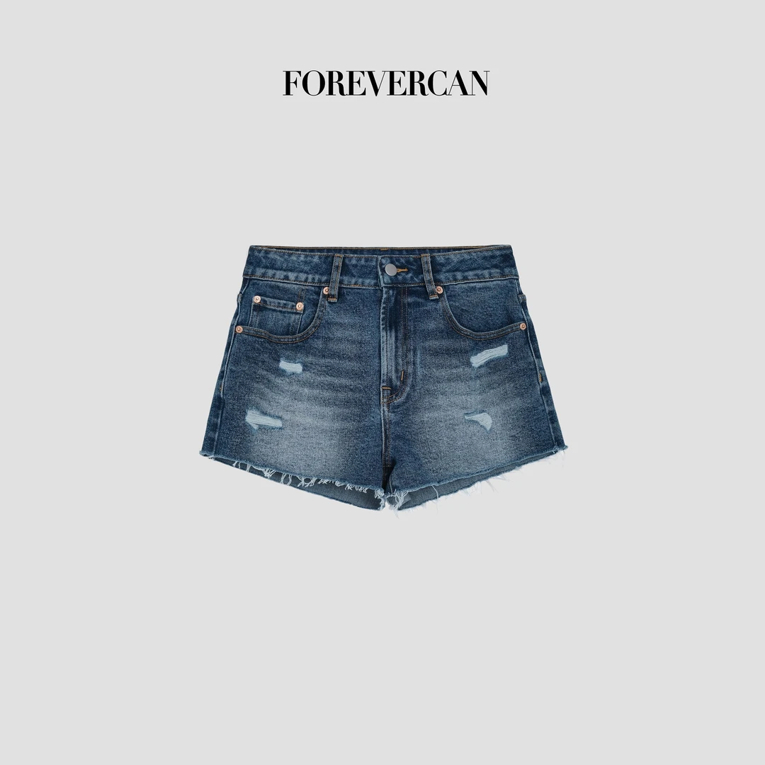 FOREVERCAN“海岛盛夏”做旧复古洗水磨破流苏牛仔短裤SP19358