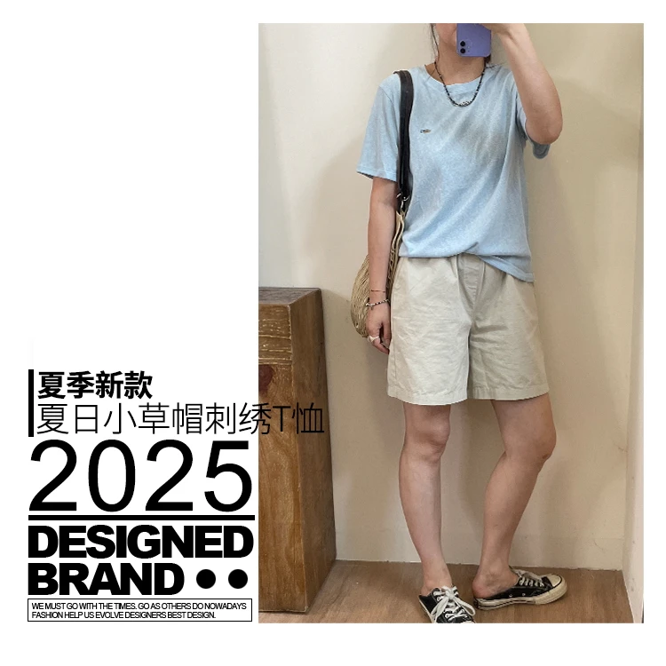 夏季新款麻感棉小草帽刺绣圆领T恤