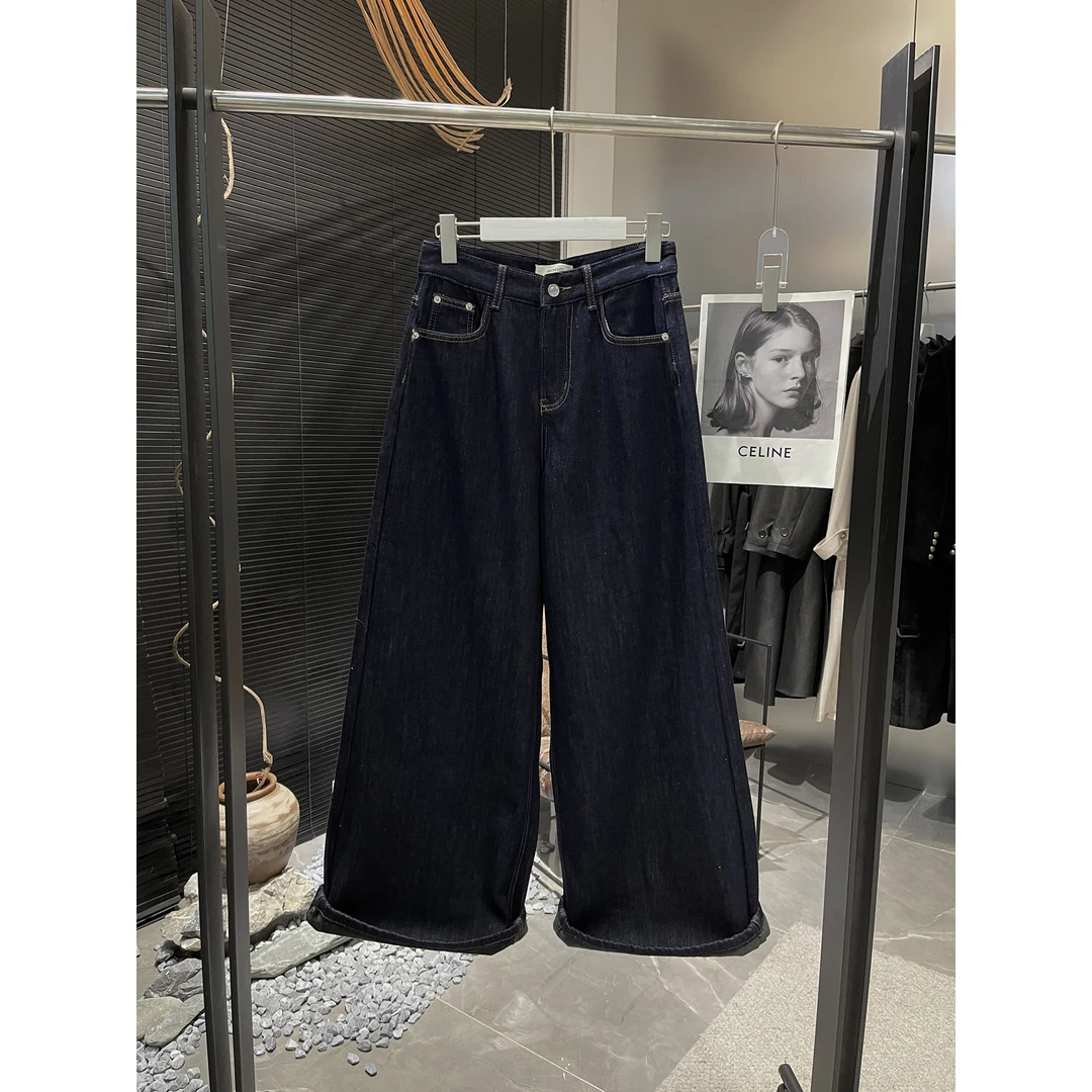 加厚复合绒深蓝色大阔腿牛仔裤81653（清）