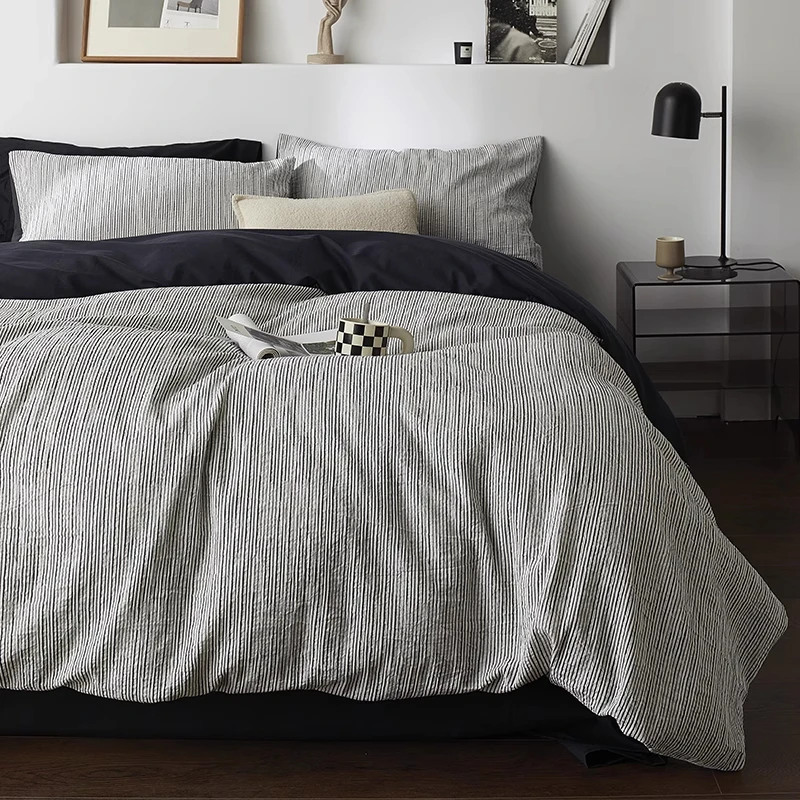 极简侘寂风丨四件套全棉纯棉2025新款床单被套黑白条纹高级感床品