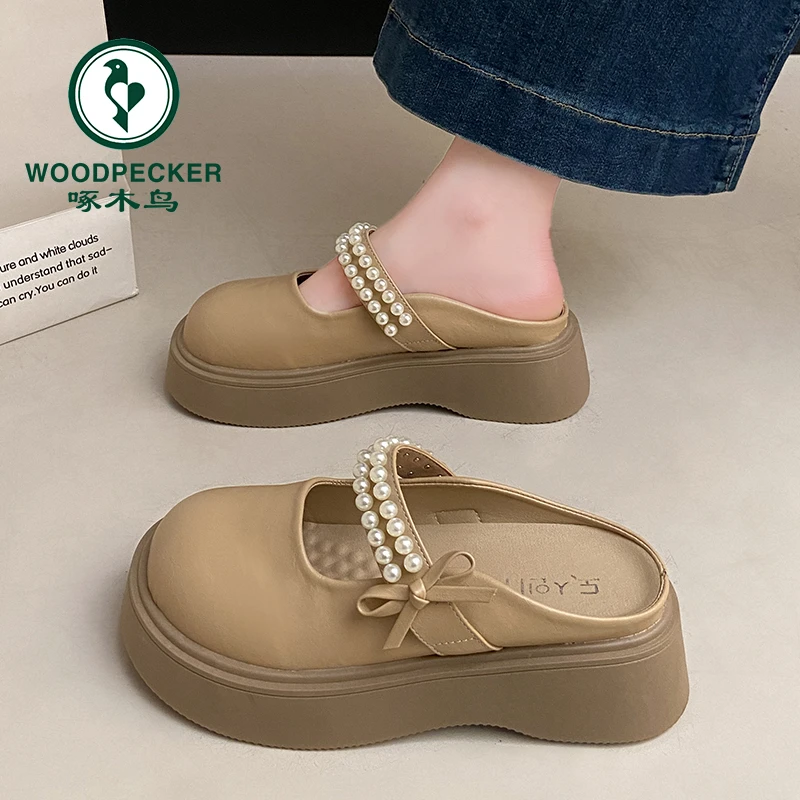啄木鸟法式包头半拖鞋女外穿2025年夏季新款珍珠仙女风厚底玛丽珍