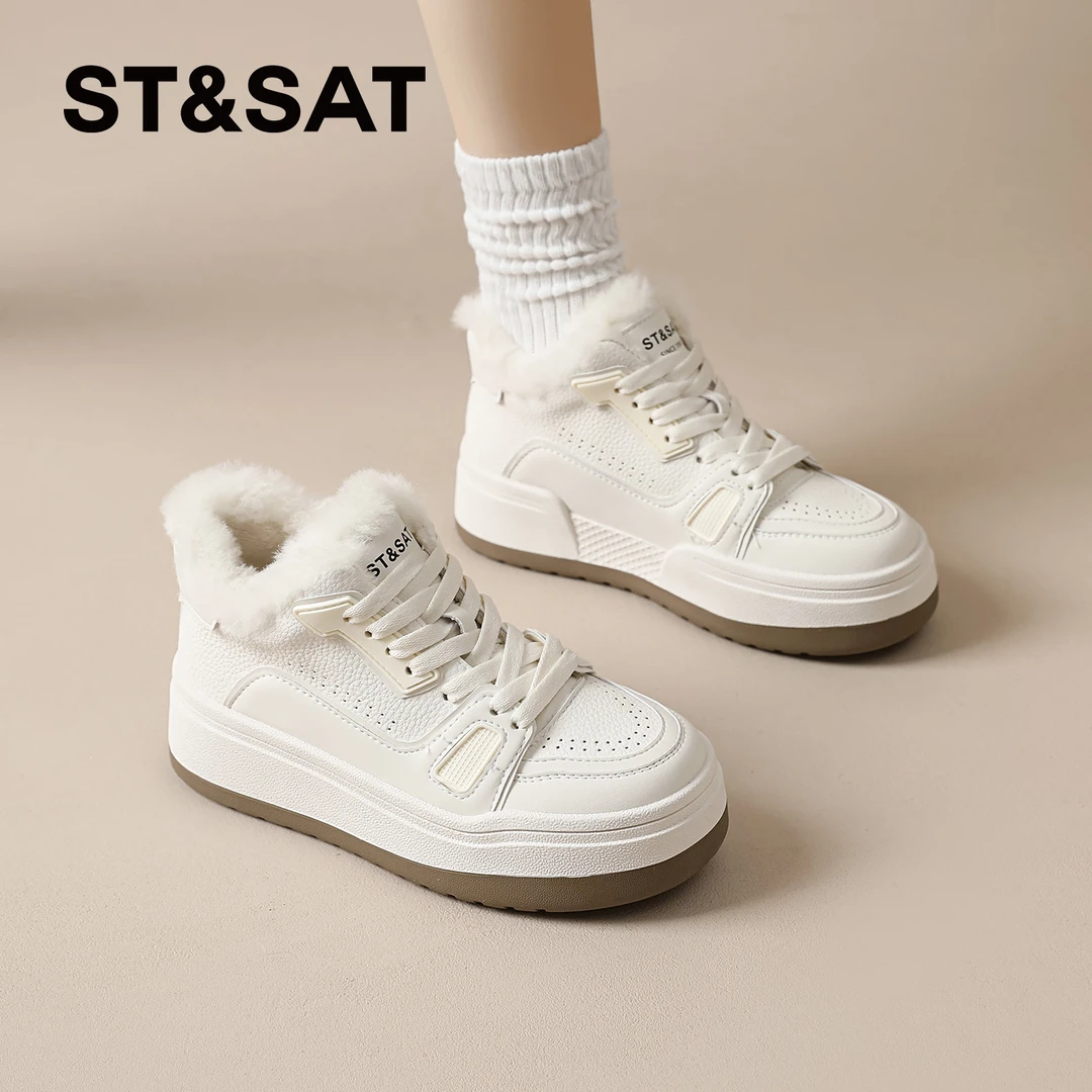 星期六加绒厚底高帮鞋女款2025冬季新款保暖毛毛棉鞋时尚休闲板鞋