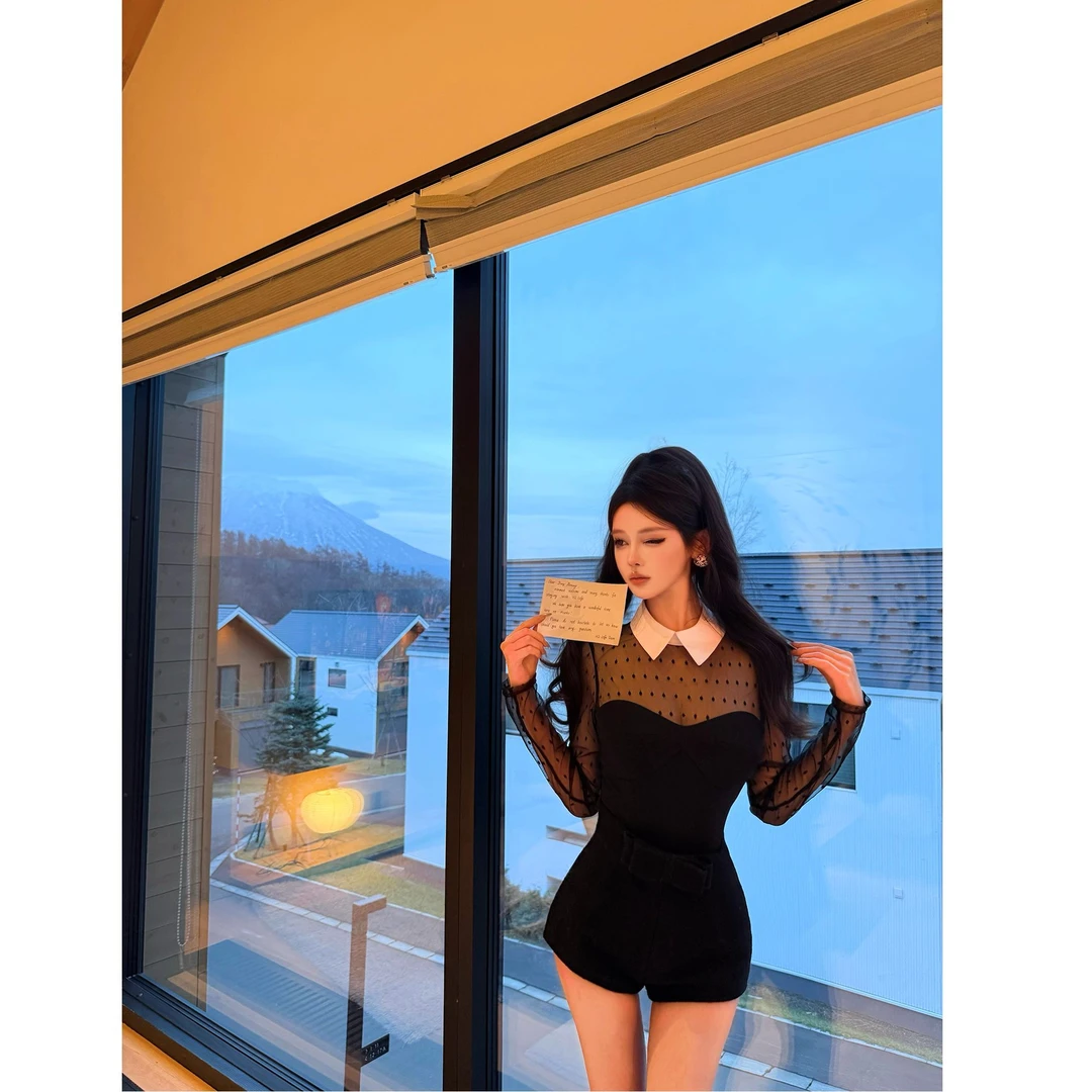 【魔女特蕾莎】性感辣妹气质波点透视连体衣女2026新款显瘦短裤套装