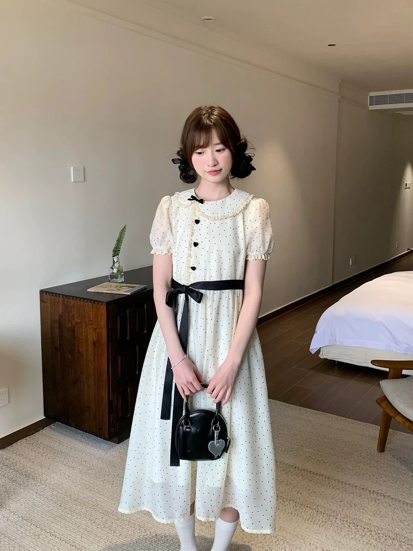 夏季新款蕾丝气质显瘦少女甜美连衣裙套装时尚长款泡泡袖碎花复古