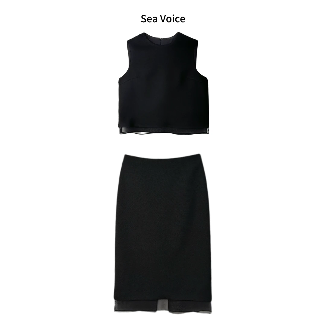 【瑾儿精选】黑色诱惑 气质高腰醋酸网纱拼接无袖背心+半身裙套装