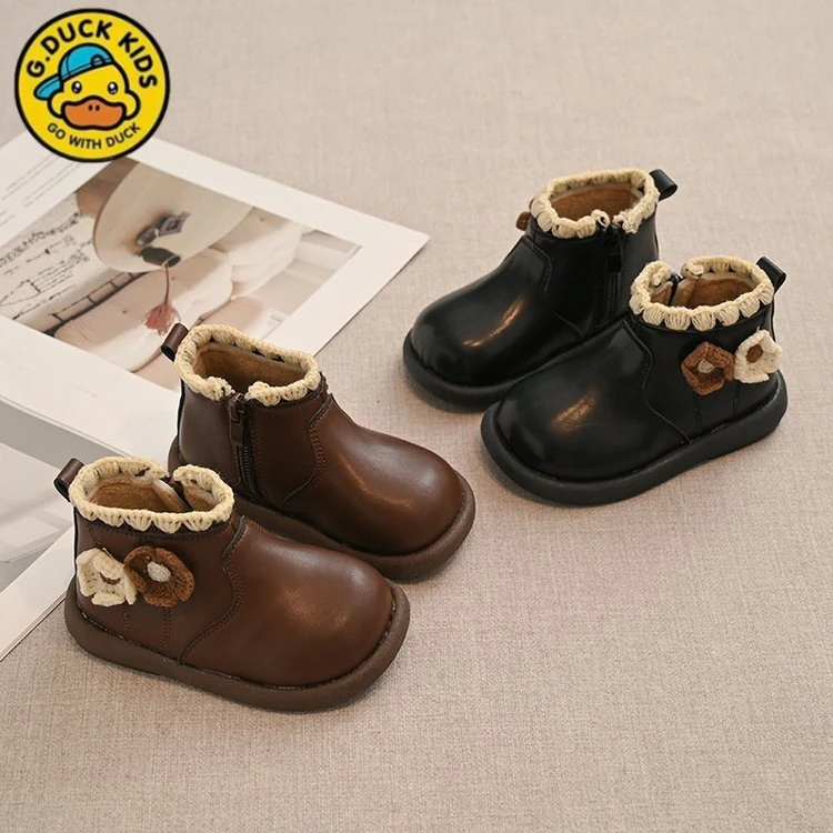 小黄鸭女童学步鞋软底加绒短靴2025冬季新款时尚靴宝宝靴
