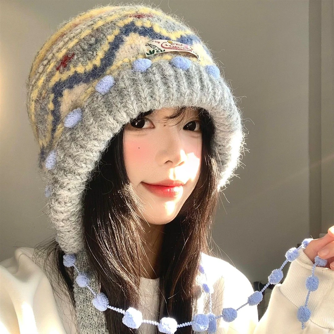 复古费尔岛针织毛线帽秋冬季保暖巴拉克拉法帽加厚护耳包头帽子qt