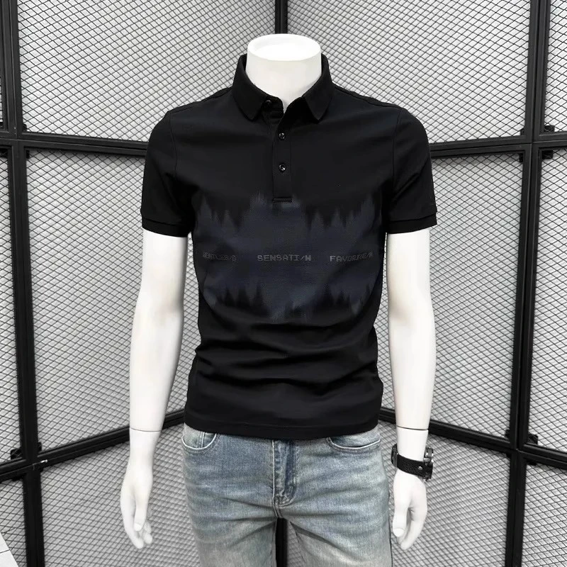 轻奢高级感polo衫男短袖夏季新款潮牌潮流个性印花丝光棉翻领T恤