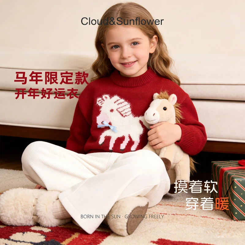 【云朵小葵】女童冬季新款年款爆款红色小马蝴蝶结休闲毛衣555695