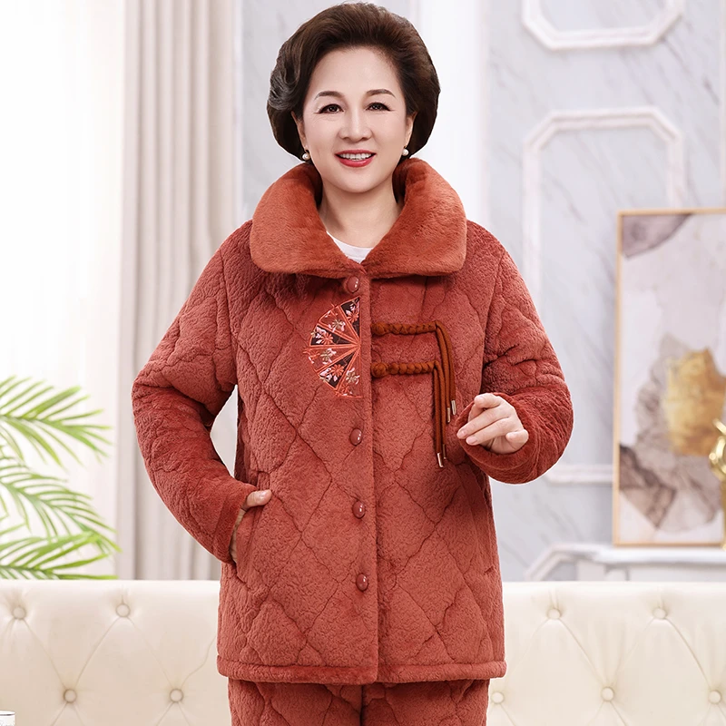 冬季加厚加绒珊瑚绒家居服妈妈款夹棉保暖可外穿中老年睡衣女士