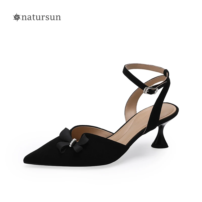 natursun尖头中跟皮鞋浅口气质单鞋百搭镂空中跟半凉N22231705