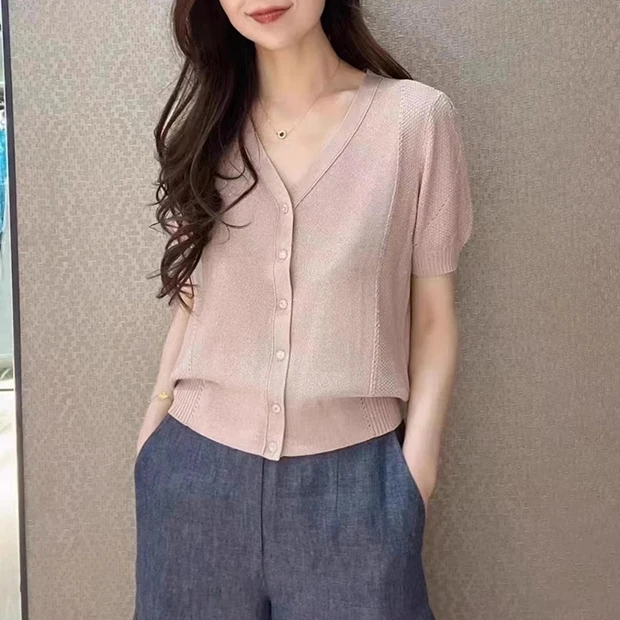 【专柜品质】夏季新款修身V领短袖冰丝针织开衫女上衣5499253