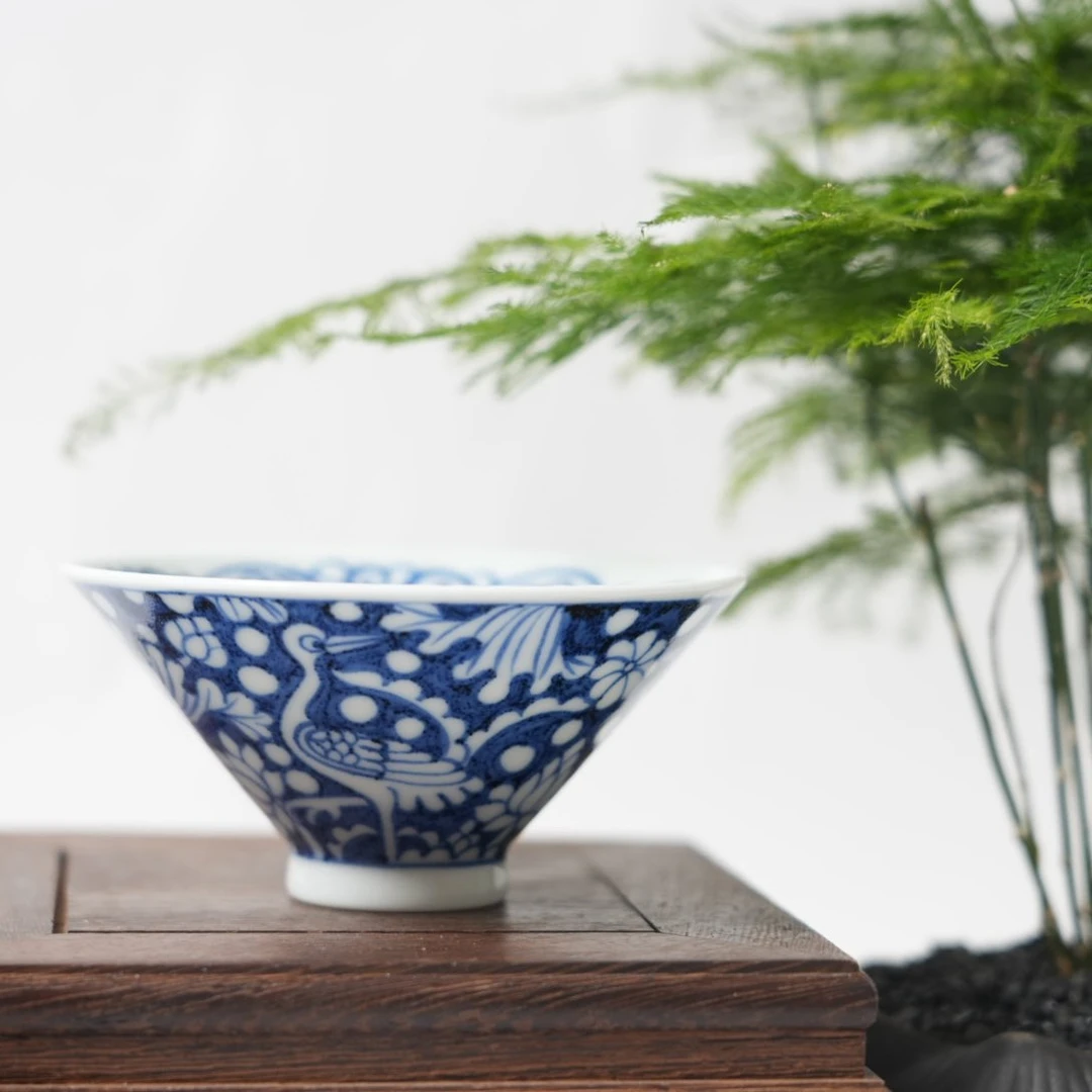 景德镇陶瓷-古县衙青花一鹭莲科斗笠杯