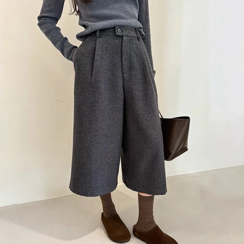 春夏新款小个子毛呢七分阔腿裤女高腰显瘦加厚宽松复古直筒裤子