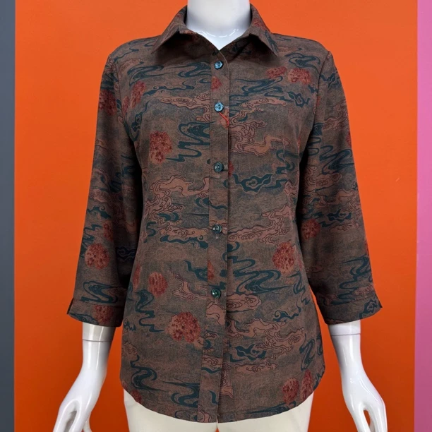 夏季超薄清凉衬衫正肩式七分袖开衫中老年妈妈碎花上衣