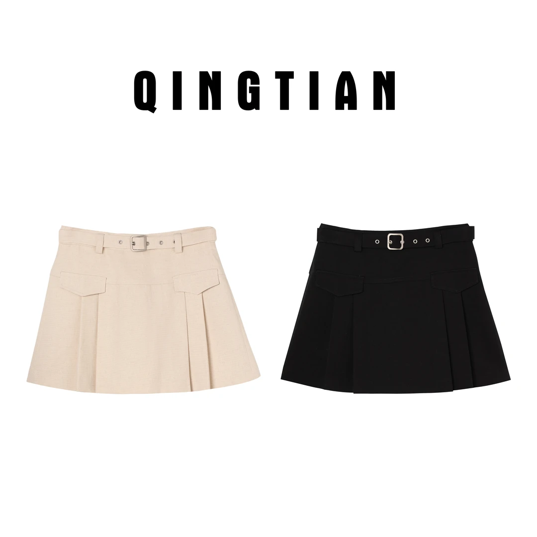 深圳南油原创2025新款压褶双袋盖设计A字皮带短裙 57977