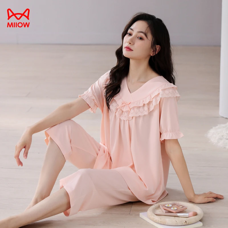 MiiOW/猫人夏款女士睡衣短袖七分裤棉拉架裸粉木耳边公主风家居服