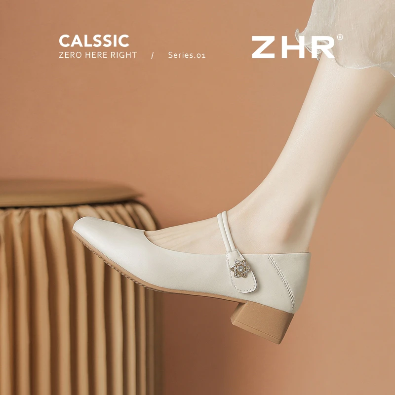 ZHR/则则玛丽珍鞋女夏季新款浅口粗跟时尚优雅法式星钻休闲单鞋