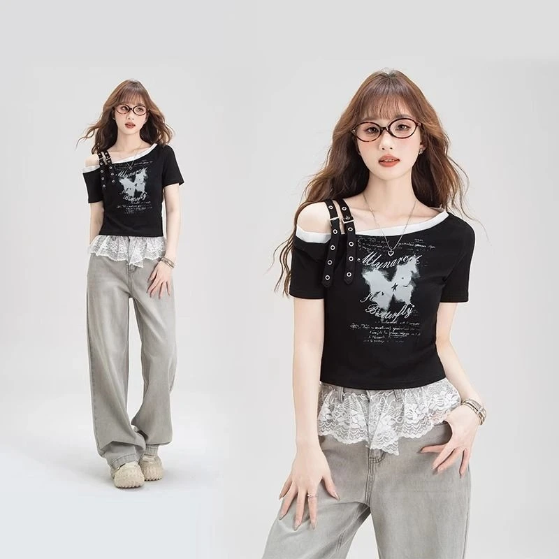 假两件短袖T恤女款露肩绑带短款上衣时尚气质洋气多巴胺穿搭女ins