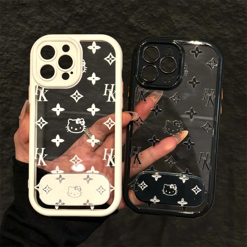 闪度侠满屏花纹KT猫支架适用苹果16pro奶油手机壳华为vivoppo小米