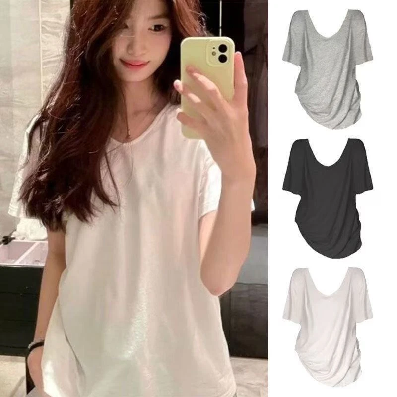 辣妹潮流美式纯欲v领短袖t恤女2025夏季新款宽松显瘦慵懒风上衣女