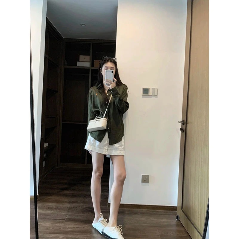 韩系夏季新款休闲百搭时髦洋气长袖衬衫休闲百搭上衣高腰直筒短裤