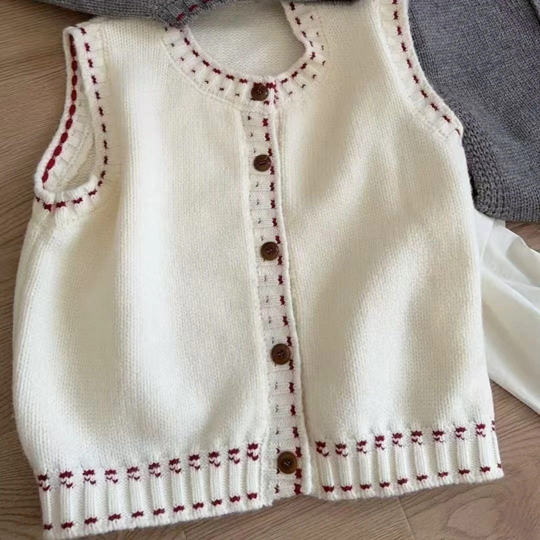 S0223-韩系复古撞色无袖毛衣女上衣冬季新款圆领百搭叠穿背心马甲