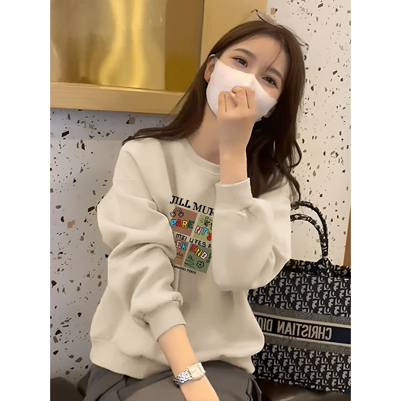 多巴胺韩版即墨加绒卫衣女春秋2025新款时尚百搭宽松圆领上衣外套