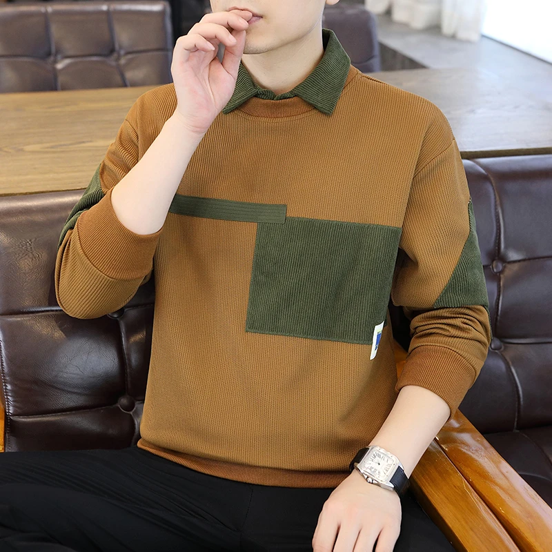 2025新款春秋季假两件t恤男长袖高端帅气休闲衬衫领体恤男装上衣