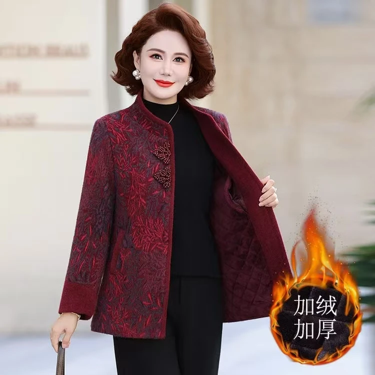 妈妈装冬季加绒加厚立领毛呢外套中老年女装妈妈装大码国风外套女