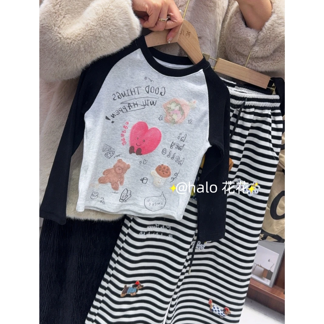 【辣妹】韩版女童装儿童中大童春季卡通涂鸦休闲修身短款长袖T恤