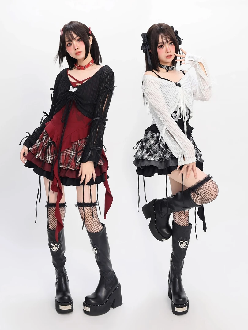 【幻想枯蝶】轻亚比吊带蝴蝶结长袖罩衫两件套甜酷y2k女