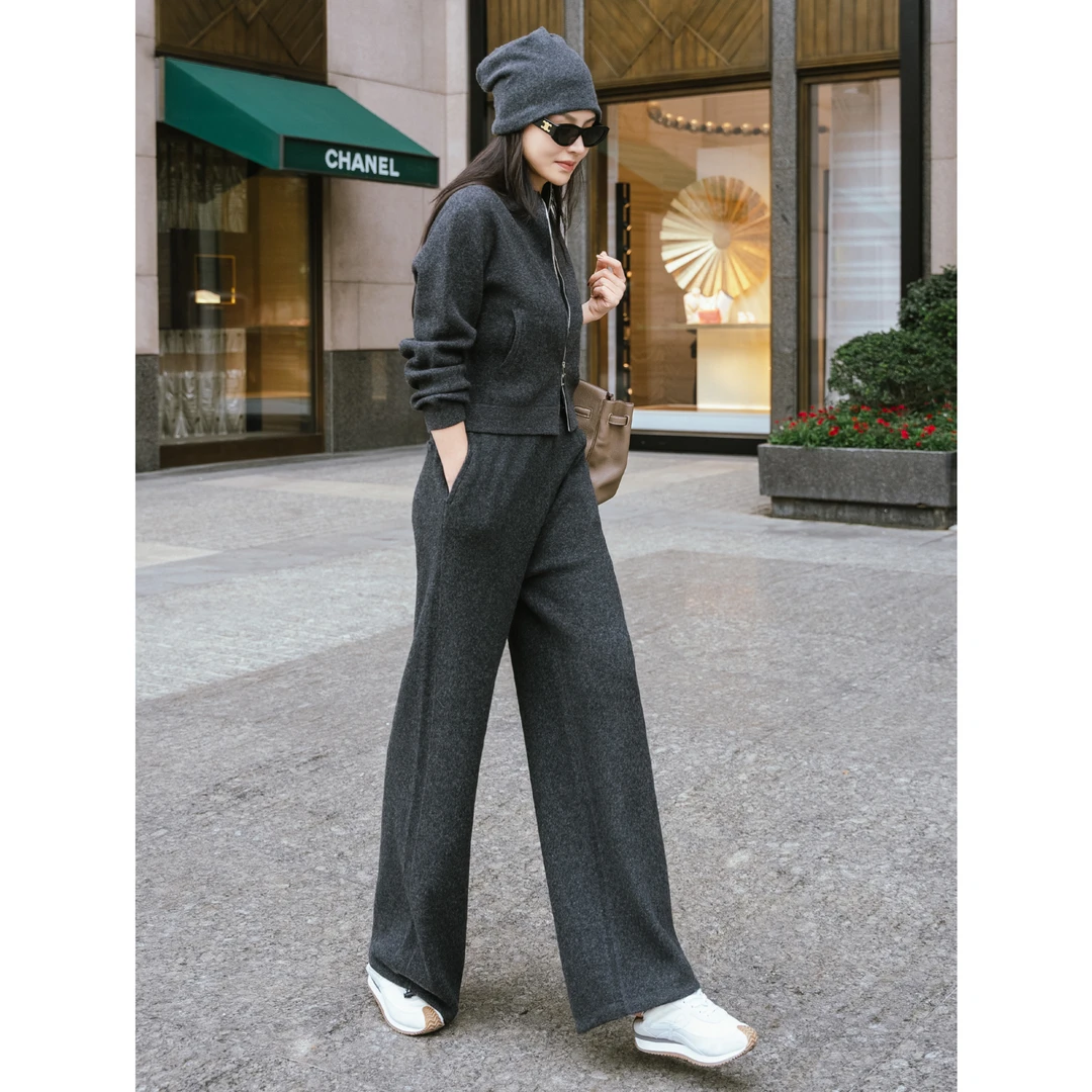 【YSU】立领拉链运动针织开衫女灰色简约百搭短款毛衣外套Y304334