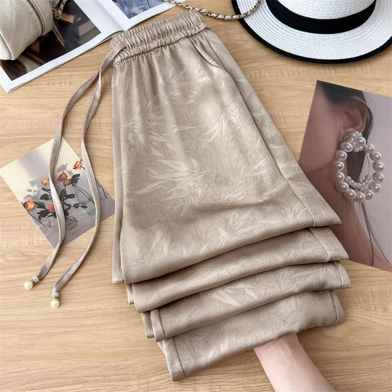 国风印花醋酸冰丝阔腿裤女垂感夏季薄款2025新款休闲直筒凉凉裤子