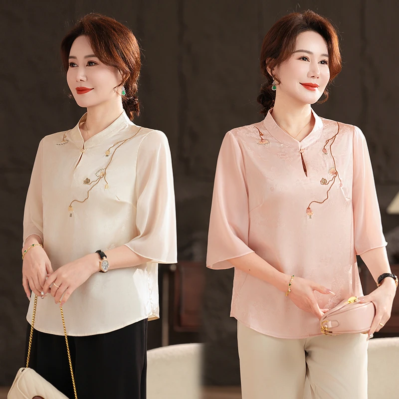 妈妈夏装套装2025新款贵夫人气质T恤小衫中老年女春夏装洋气上衣