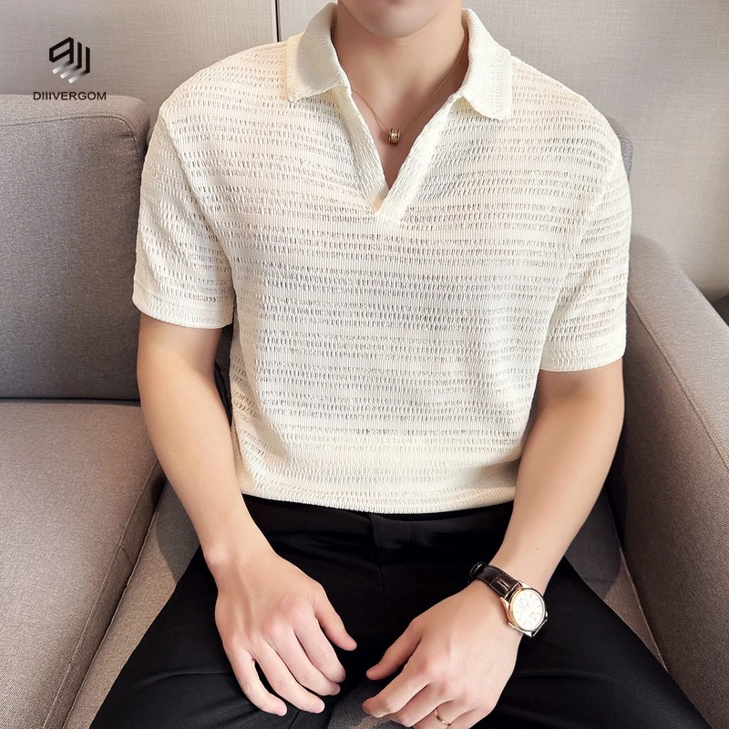 DIIIVERGOM镂空针织领男短袖夏季薄款透气凉感舒适高级感冰丝短袖