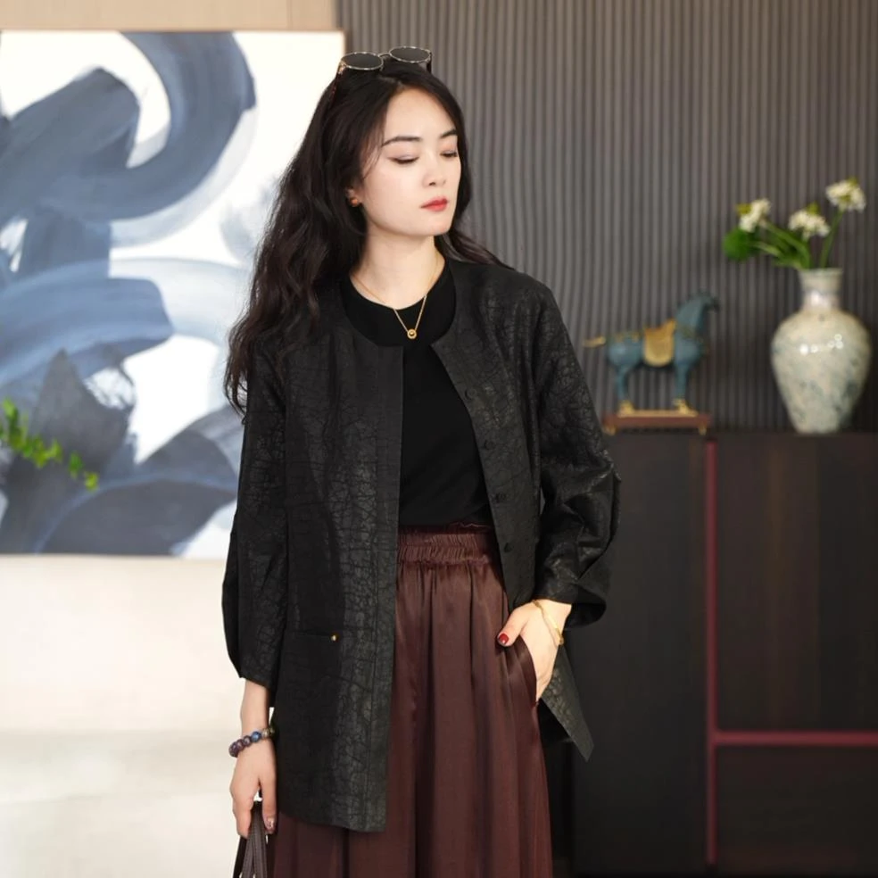 【菲菲】100%桑蚕丝香云纱复古百搭中式半袖外套85E512