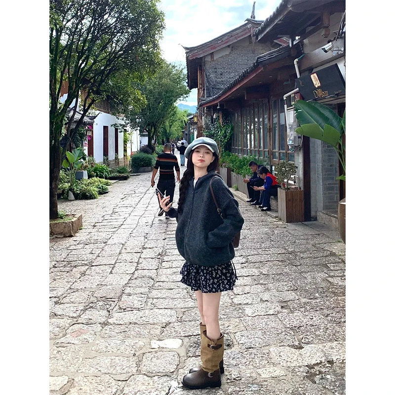 秋冬度假风时尚套装设计感拉链小众洋气长袖外套上衣高腰半身裙