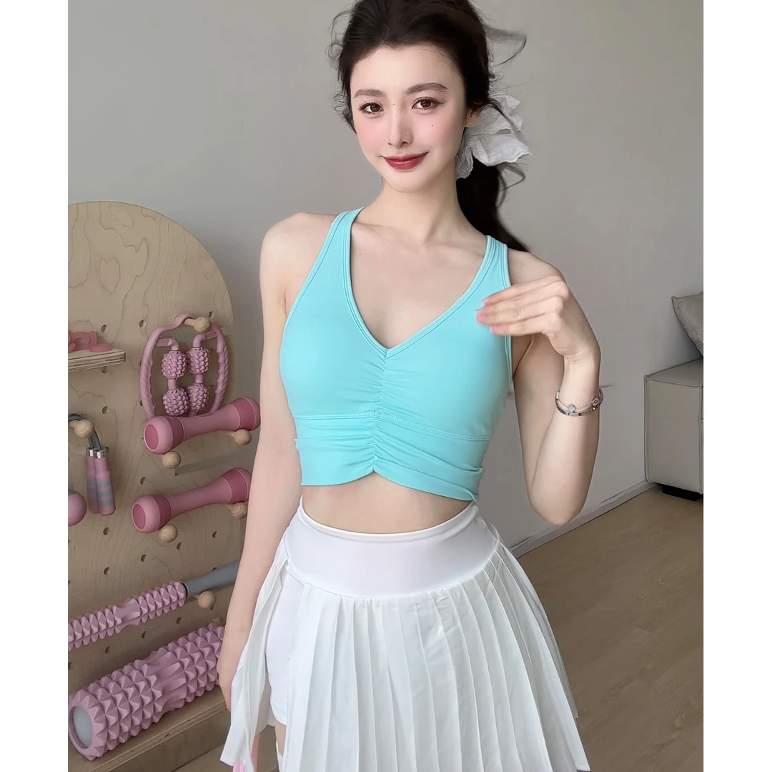 gogoyoga瑜伽服背心女高强度防震性感V领褶皱带胸垫健身运动上衣