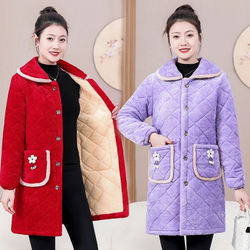 新款韩系家居服女棉服冬加绒加厚工作服女装中长款棉罩衣修身外穿