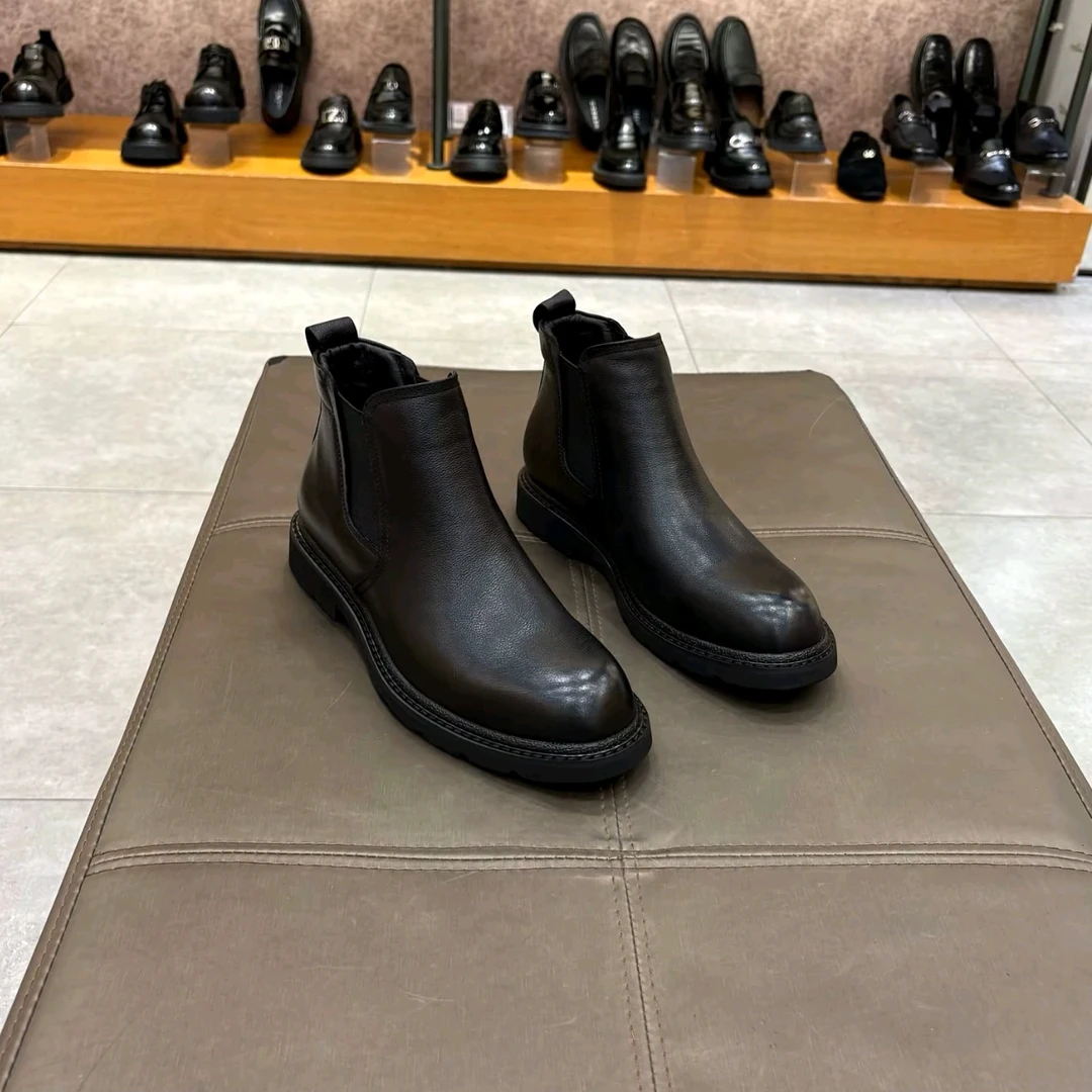 赫谷m0749-750秋冬新款胎牛皮切尔西靴男英伦风中帮短靴高帮皮鞋