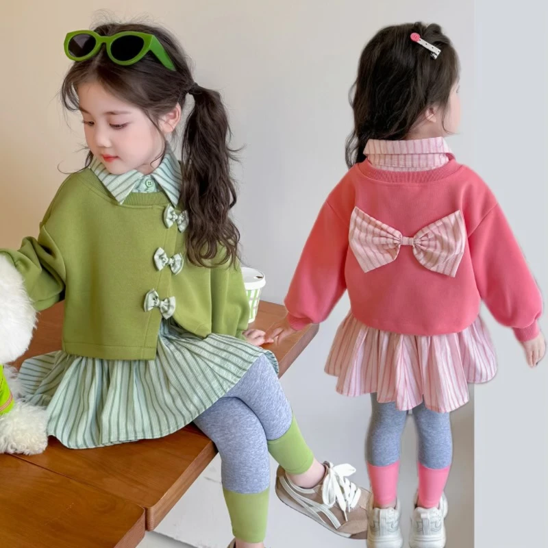 【甜妹穿搭】女童洋气套装韩版元气蝴蝶结中长款卫衣打底裤两件套