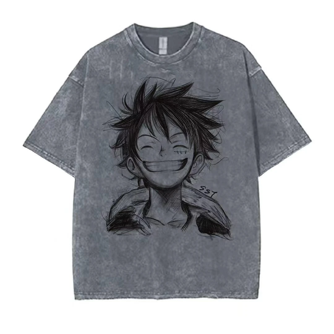 【SSTEE-素描路飞】洗水做旧纯棉手绘280克重磅水洗灰T